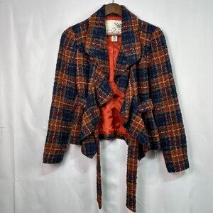 Tabitha Plaid Tweed Jacket Womens Size 2 Wool Blend Asymmetrical Tie Front Lined